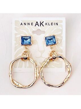 NWT Anne Klein Gold Tone Hammered Hoops drop earrings with a blue baguette stone